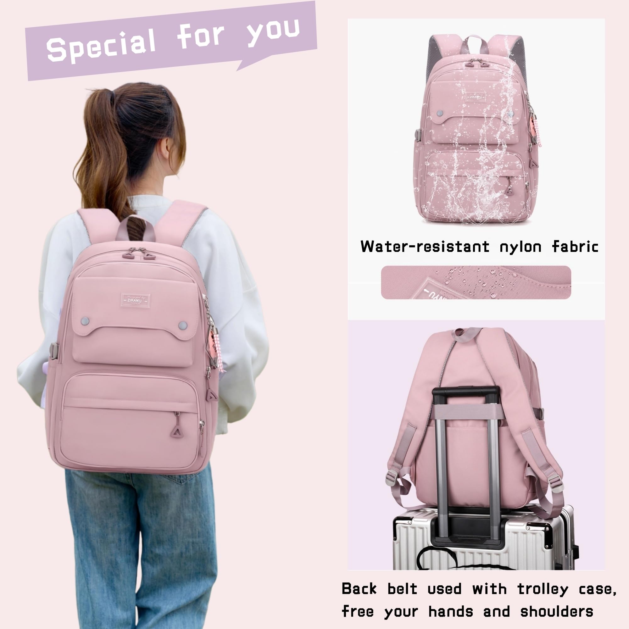 Huitich stylish pink backpack for girls with water-resistant nylon fabric and trolley belt for easy travel