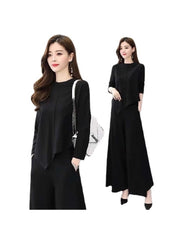 Black brown two-piece outfit for ladies featuring a long sleeve top and wide-leg pants