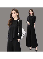 Black brown two-piece outfit for ladies featuring long sleeve top and wide leg pants by Huitich