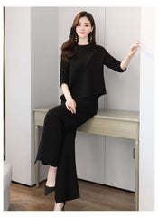 Black brown two-piece outfit for ladies featuring a long-sleeve top and wide-leg pants by Huitich