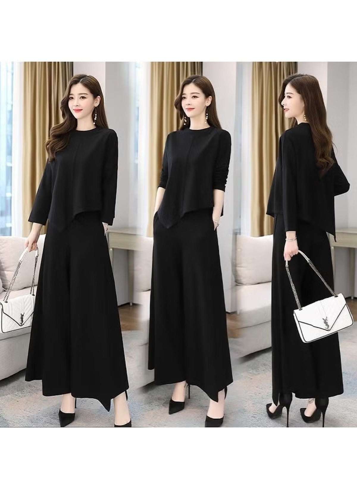 Black brown two-piece outfit for ladies with long sleeves and wide-leg pants styled by Huitich