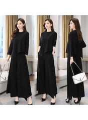 Black brown two-piece outfit for ladies with long sleeves and wide-leg pants styled by Huitich