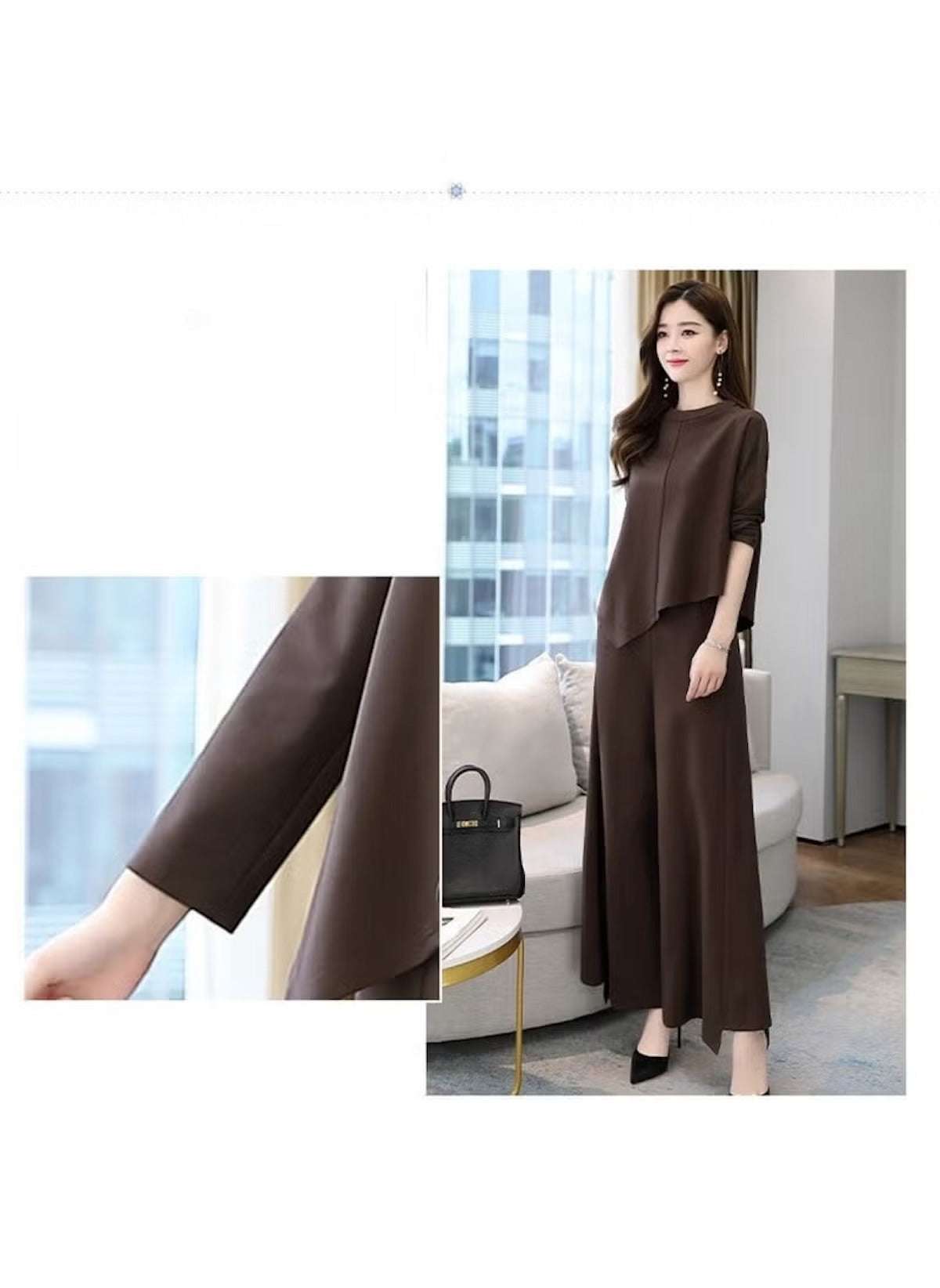 Elegant black brown two-piece outfit for ladies featuring a long sleeve asymmetrical top and wide-leg pants