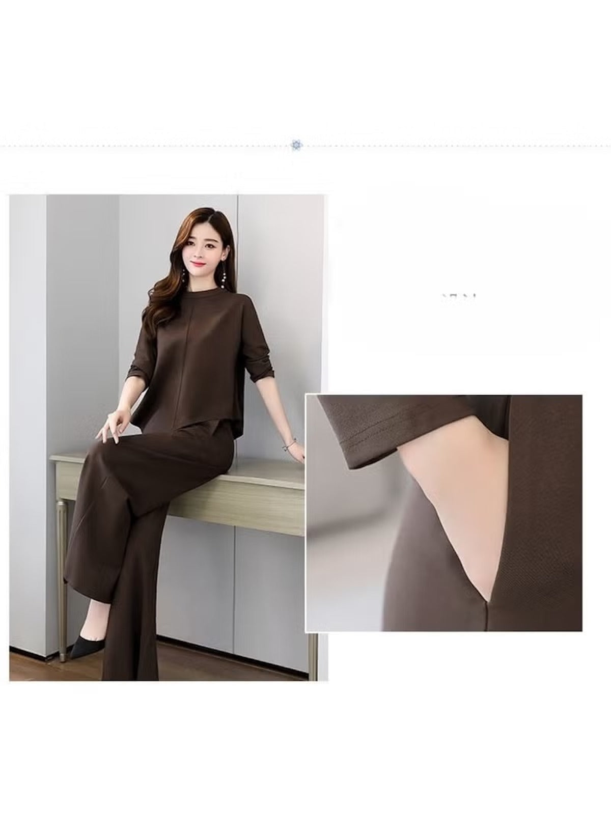 Black brown two-piece outfit for ladies worn by a woman sitting on a desk showing front and pocket detail