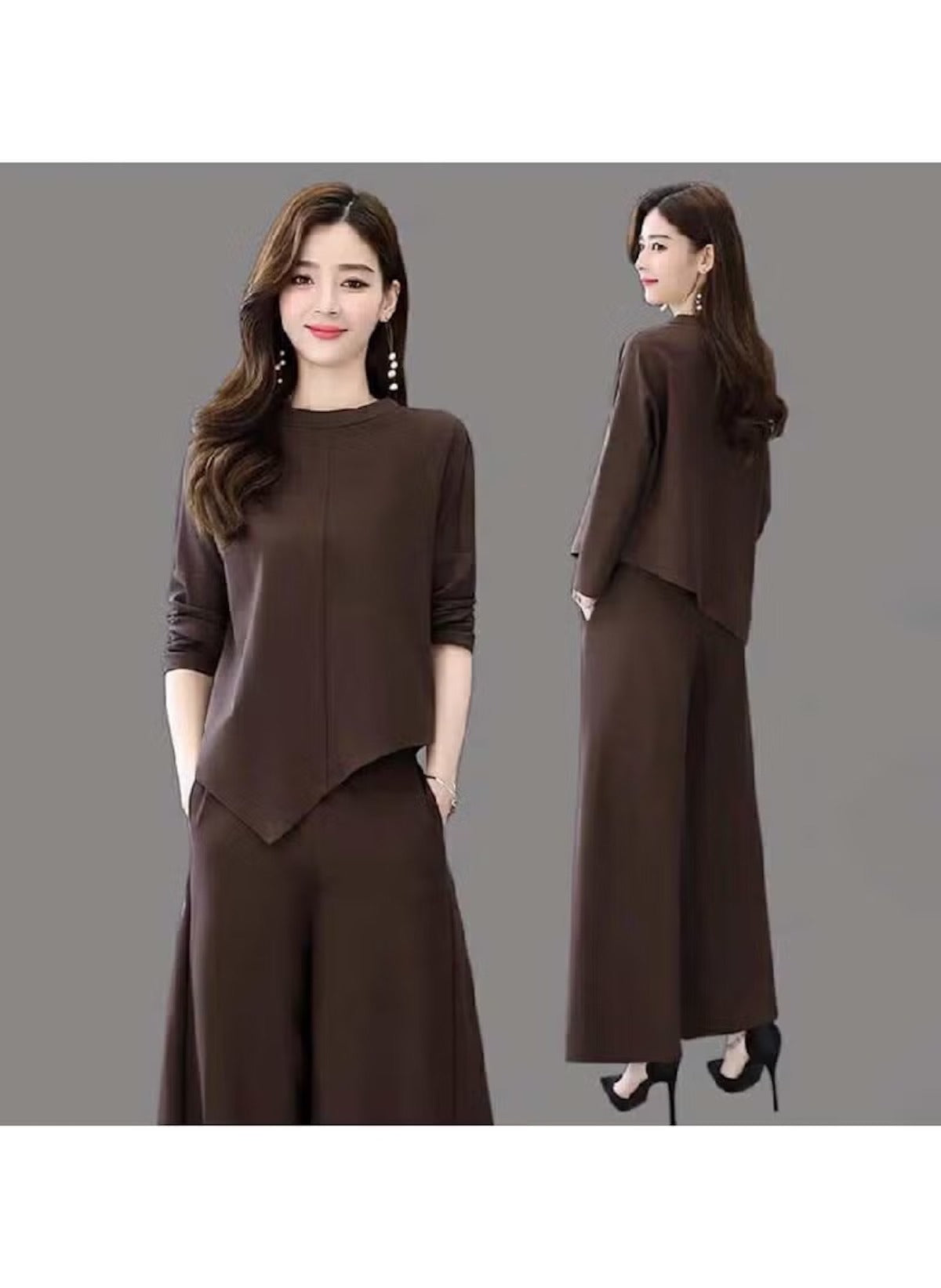 Huitich black brown two-piece outfit for ladies with long sleeves and wide-leg pants