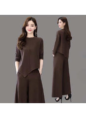 Huitich black brown two-piece outfit for ladies with long sleeves and wide-leg pants