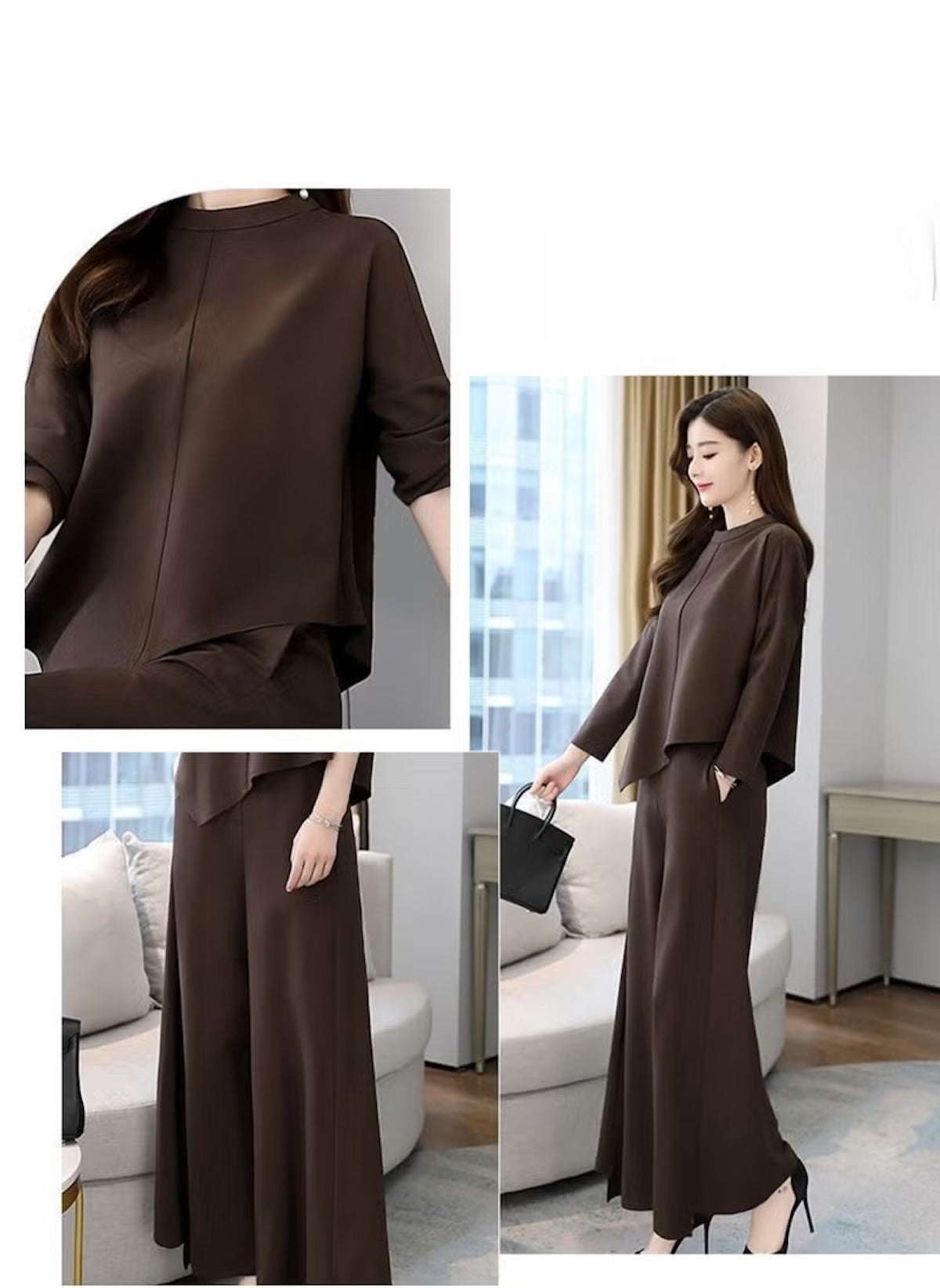 Black brown two-piece outfit for ladies with loose fit top and wide-leg pants by Huitich
