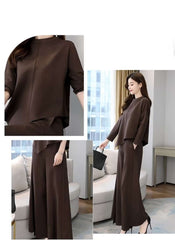 Black brown two-piece outfit for ladies with loose fit top and wide-leg pants by Huitich