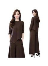 Dark brown two-piece outfit: asymmetrical 3/4-sleeve top with wide-leg trousers