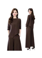 Black brown two-piece outfit for ladies featuring a loose top and wide-leg pants by Huitich