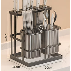 Huitich black chopstick and knife holder with stainless steel compartments for kitchen utensils and knives