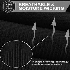 Black compression arm sleeves by Huitich featuring breathable moisture wicking and V-shaped knitting for pressure release