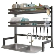 Black dish drying rack with two tier shelves and hanging utensil hooks