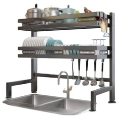 Huitich black dish drying rack with two tiers and utensil hooks over kitchen sink