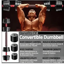 Convertible dumbbell with stacked black weight plates and a red center handle
