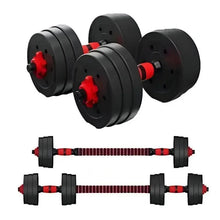 Adjustable dumbbell set with black weight plates, red accents, and knurled handle bars