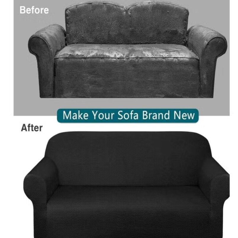 Huitich black elastic sofa cover on worn sofa transforming it to look brand new
