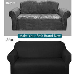 Huitich black elastic sofa cover on worn sofa transforming it to look brand new