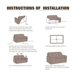 Installation instructions for black elastic sofa cover single seat with step-by-step illustrated guide