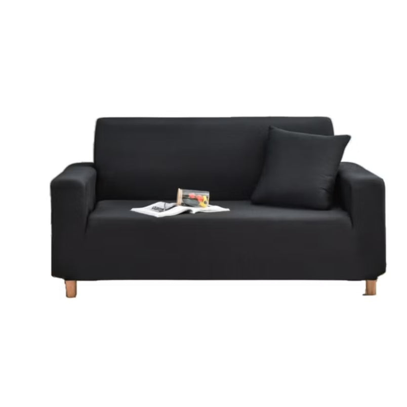 Huitich black elastic sofa cover fitted on two-seater sofa with matching cushion and wooden legs