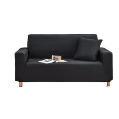 Huitich black elastic sofa cover fitted on two-seater sofa with matching cushion and wooden legs