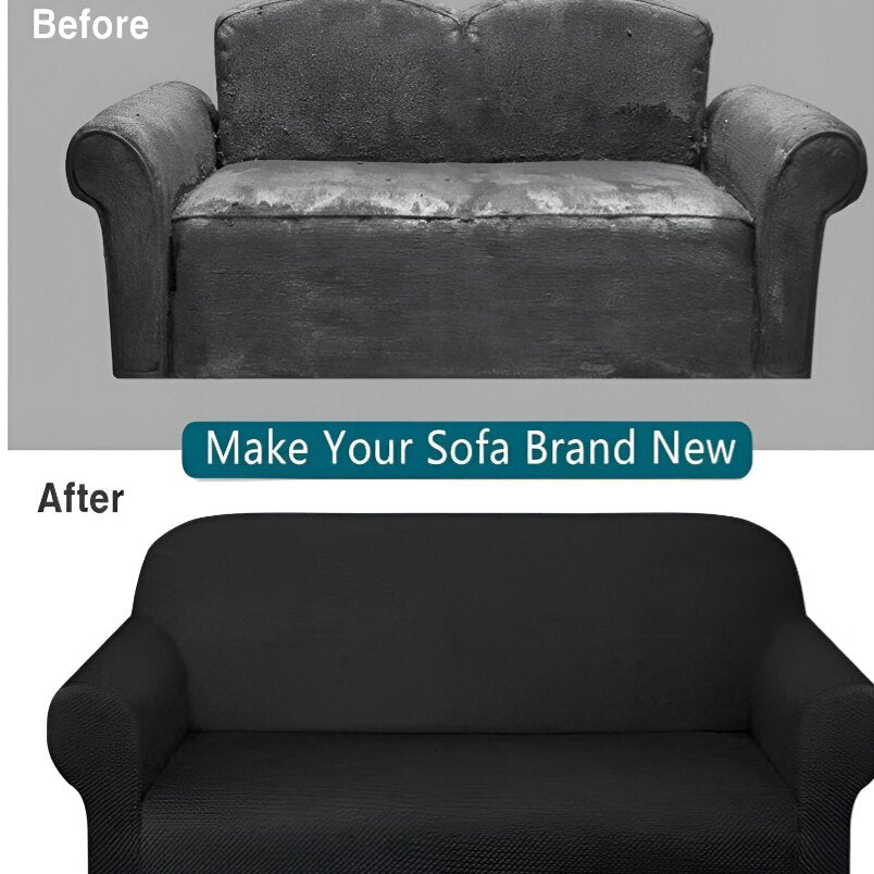 Before and after of a three seat sofa fitted with black elastic sofa slipcover by Huitich making the sofa look brand new