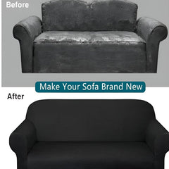 Before and after of a three seat sofa fitted with black elastic sofa slipcover by Huitich making the sofa look brand new