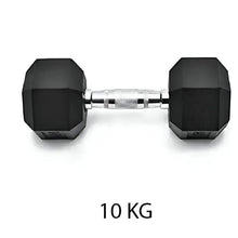 Pair of black hex dumbbells with chrome handle bar, 10 kg total
