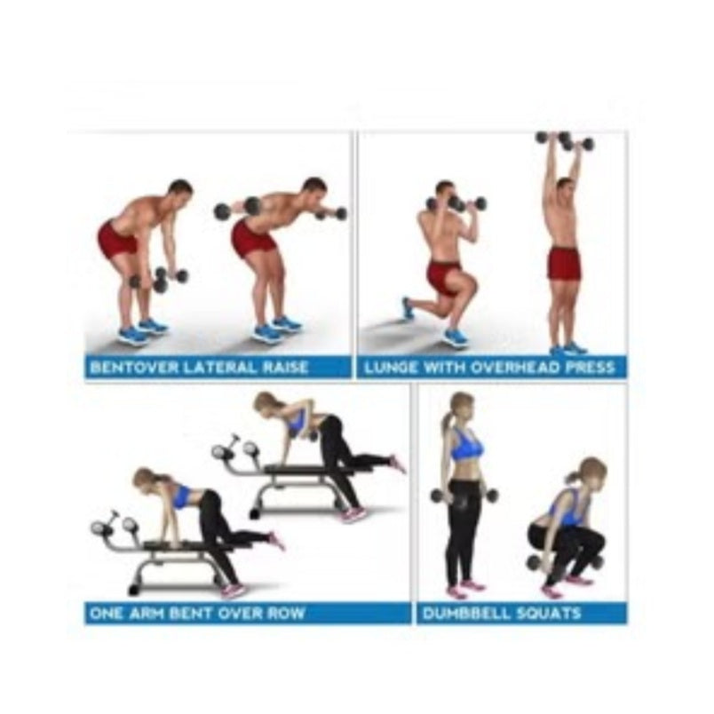 Black gym dumbbell for home workout demonstrating bentover lateral raise lunge overhead press row and squats