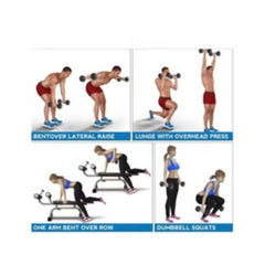 Black gym dumbbell for home workout demonstrating bentover lateral raise lunge overhead press row and squats