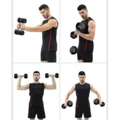 Man using black gym dumbbell for home workout demonstrating different exercises wearing black athletic wear