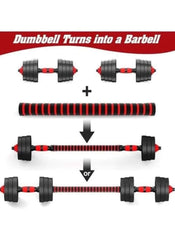 Black heavy duty dumbbells for home gym that convert into a barbell with red and black grips