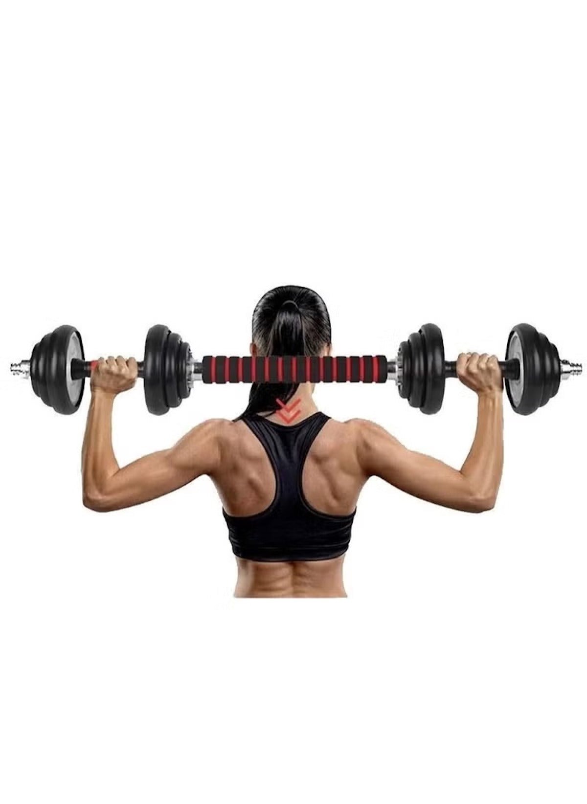 Woman lifting black heavy duty dumbbells for home gym with a padded bar in a fitness workout