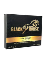 Black Horse Vital Honey product box, black honeycomb design with gold logo