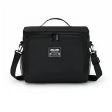 Black leak proof lunch box with shoulder strap, top handle, zip closure, front patch logo.