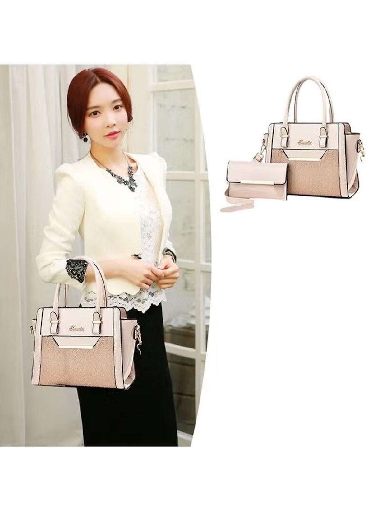 Huitich black leather purse set for women with matching handbag and wallet shown with model