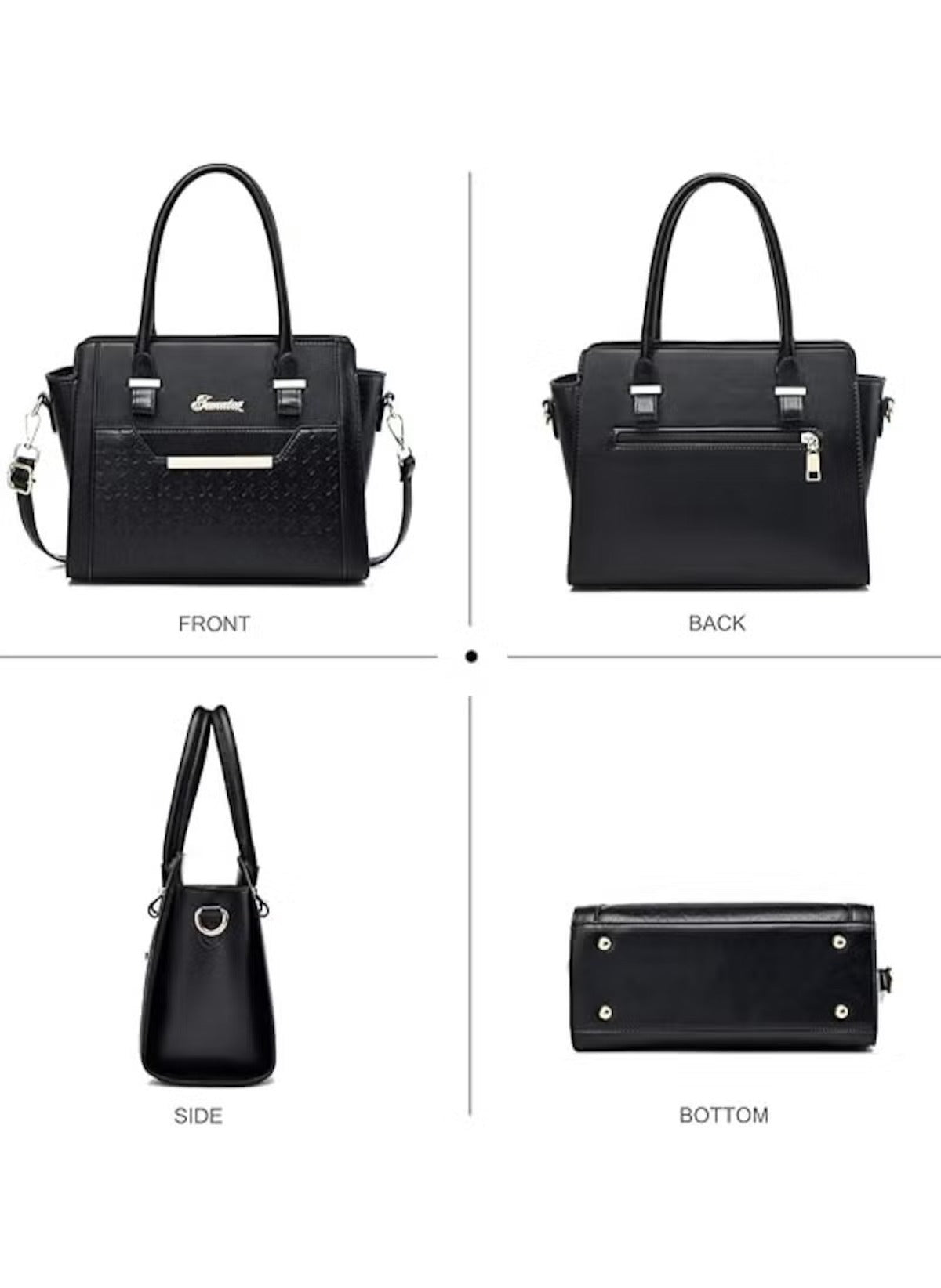 Huitich black leather purse set for women showing front back side and bottom views
