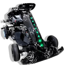 Kids battery-powered go-kart with green LED lights, black with white crack pattern