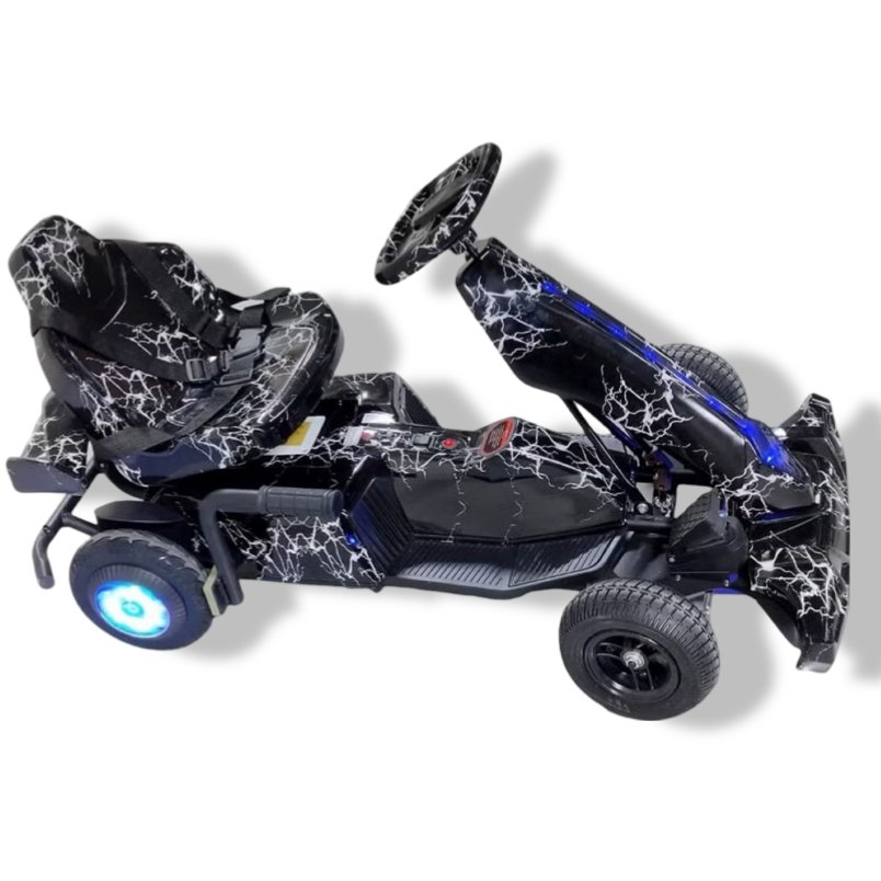 Huitich battery powered go kart for children in black with white lightning design and blue LED wheels