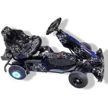 Kids battery-powered go-kart with blue LED lights, black with white crack pattern