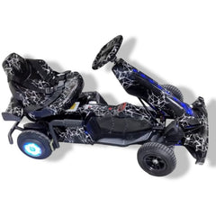 Huitich battery powered go kart for children in black with white lightning design and blue LED wheels