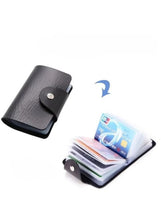 Black multi card holder wallet with snap flap open, card slots visible