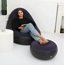 Inflatable chair with footrest, dark purple cushion and rounded black base