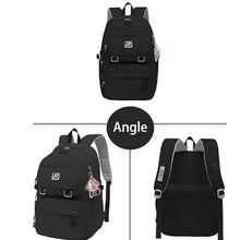 Black backpack angle view: front, side, and back with straps and front zipper pockets.