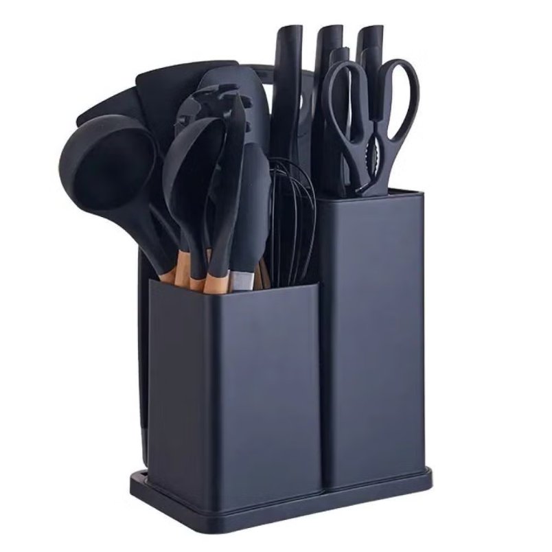 Huitich black silicone kitchen utensils set with knife block includes scissors and wooden handles