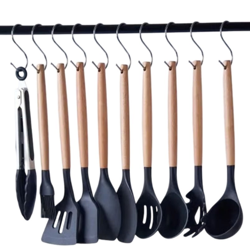 Huitich black silicone kitchen utensils set with wooden handles including spatulas, spoons, tongs, and a knife
