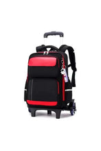 Kids six-wheel trolley school bag, black with red front pocket and handle.