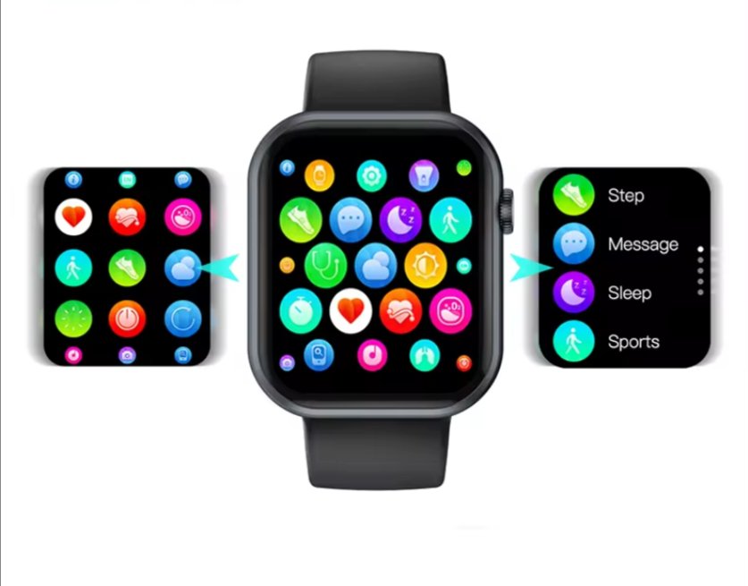 Huitich black smart watch with replaceable strap showing fitness and health tracking apps