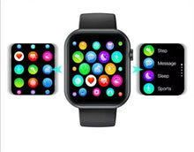 Black smartwatch with colorful app icons and step, message, sleep, sports cards