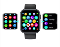 Huitich black smart watch with replaceable strap showing fitness and health tracking apps